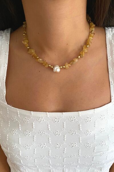 Suerte Accessories Citrine (Coin Magnet) Natural Stone Baroque Pearl Pendant Handmade Special Design Natural Stone Necklace