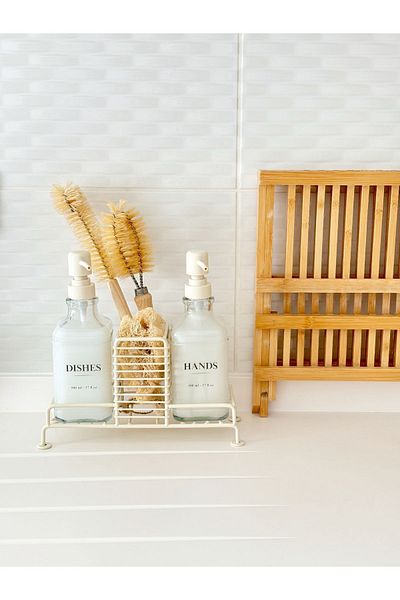 Minika Home Set dozator de săpun din sticlă de culoare crem cu suport cu 2 picioare - 4 etichete