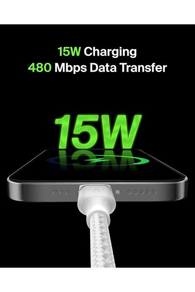 Belkin BoostCharge Braided USB-C to USB-A Charger Cable for iPhone 15, Galaxy S24, iPad,mackbook, 2m,White