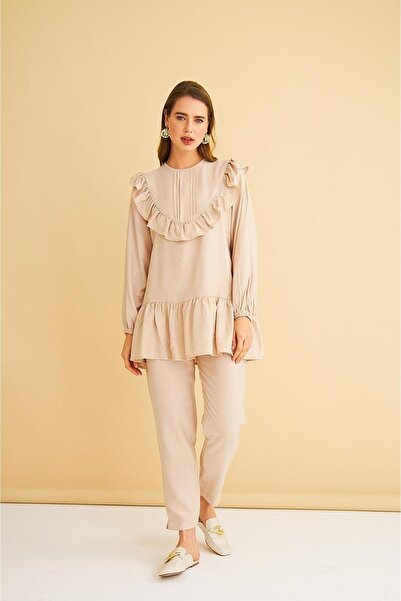 Basicpark Luxe Ruffled and Stoned Linen Stone Tunic Trousers Set