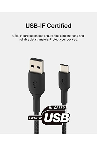 Belkin BoostCharge Braided USB-C to USB-A Charging Cable for iPhone, Galaxy, Pixel, iPad, MacBook, 2m,Black