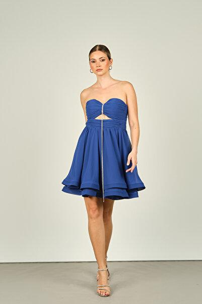 Saygın Strapless Chiffon Mini Evening Dress with Window Detail, Indigo 4597
