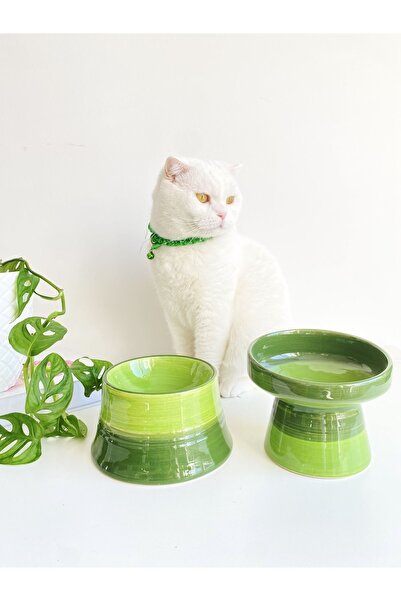 stilinbu Seramik Kedi Ve Köpek Mama Su Kabı (YEŞİL & COLORFUL MOON YEŞİL- GÖKKUŞAĞI- 2'Lİ)