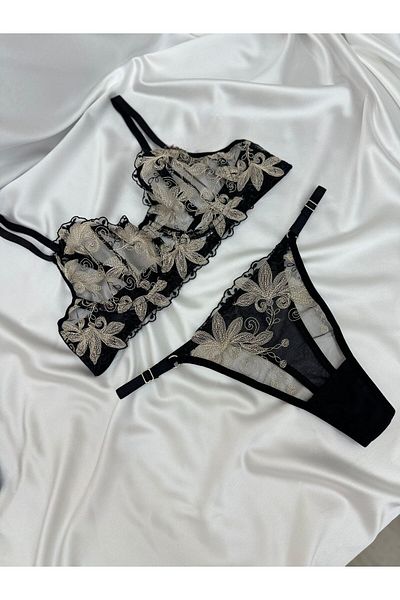 Qvien Secret Γυναικείο σέξι μαύρο μοτίβο με κέντημα Bralet και εσώρουχα Σετ εσώρουχα με δαντέλα