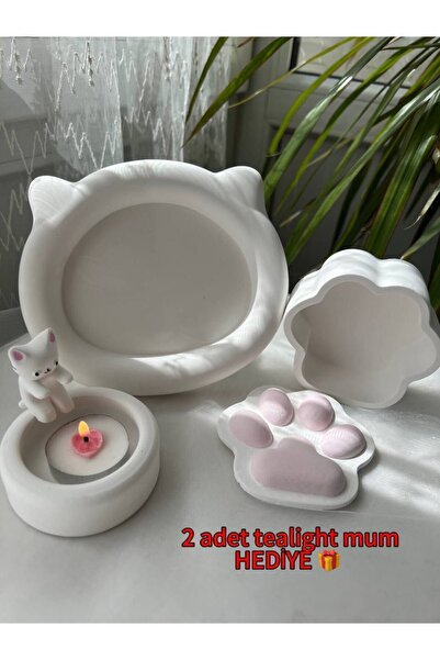 Love Candle Dekor Mumluk Seti, Üşüyen Kedi, Pati Kutu Kedi Tabak Seti