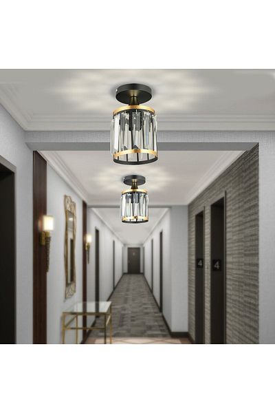 SONSUZ AYDINLATMA&AVİZE Single Black Crystal Stone Plafonier Yellow Striped Cylinder Downward Facing Luxury Chandelier