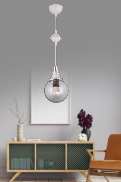 SONSUZ AYDINLATMA&AVİZE White Single Smoked Glop Top Glass Chrome Downward Facing Luxury Modern Chandelier