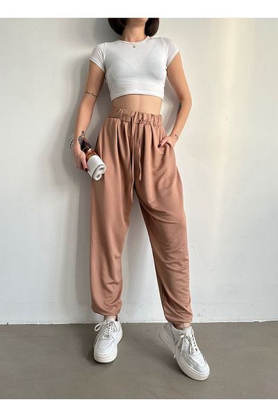 BEJNA Kamelfarbene Shalwar-Hose aus Modal mit Plissee für Damen – Lockere Passform
