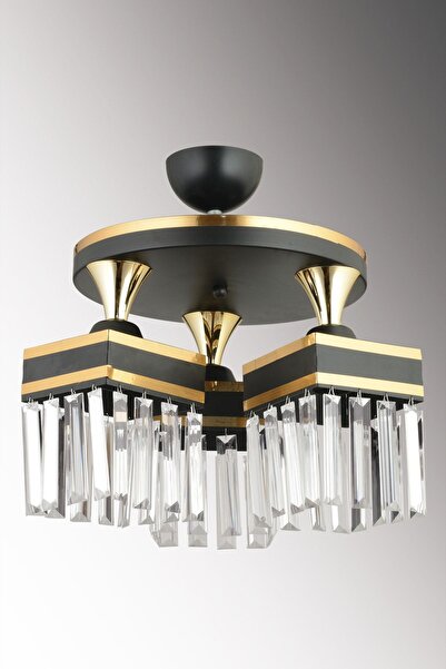 Genel Markalar 3'lü Siyah Tepsi Kristal Taşlı Plafonyer Sarı Şeritli Kare Aşağı Bakan Lüks Avize