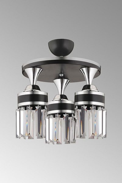SONSUZ AYDINLATMA&AVİZE Tokyo 3-Piece Black Plafone, Crystal Stone, Chrome Strip, Cylinder Downward Facing Luxury Chandelier