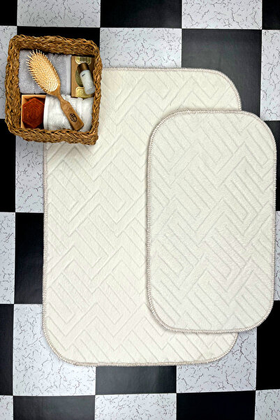 Rmz Home Decor Σετ πατάκι μπάνιου Sarar Plus Relief 2 τεμαχίων με αντιολισθητική βάση με λευκό ανάγλυφο σχέδιο (60x80 / 40x60)