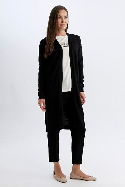 DeFacto V-Neck Long Black Knitwear Cardigan - Regular Fit, Plain Pocket G5685Az24Au