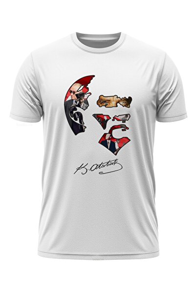 ATATÜRK Portrelerle Silüet-Sırt İmza Detaylı - Özel Tasarım Baskılı Unisex T-Shirt