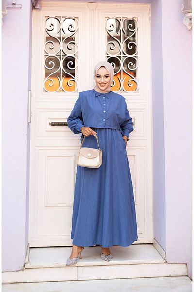 Tesettür Diyarı Indigo Lizza Fabric Double Hijab Φόρεμα - Λεπτομέρεια Cepken, Ύψος: 135cm