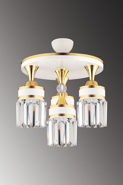SONSUZ AYDINLATMA&AVİZE Tokyo 4-Piece White Plafone, Crystal Stone, Yellow Stripe Cylinder Downward Facing Luxury Chandelier