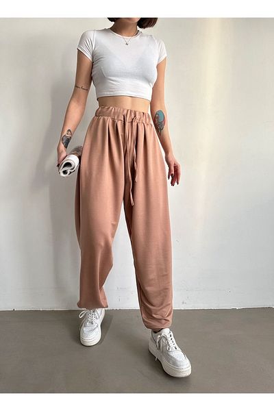BEJNA Kamelfarbene Shalwar-Hose aus Modal mit Plissee für Damen – Lockere Passform