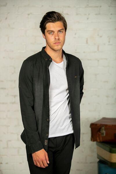 BAYEFENDİ Black Slim Fit Lycra Denim Shirt