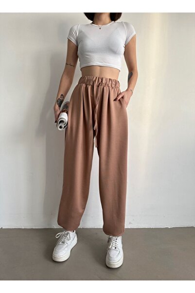 BEJNA Camel Women's Pleated Modal Shalwar Trousers - Relaxed Fit