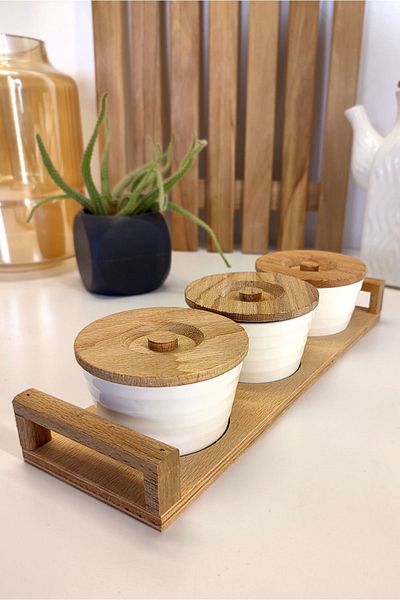 Mobawood 3-Piece Ceramic Breakfast Set - Wooden Handle and Stand