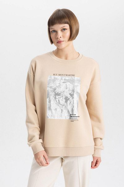 DeFacto Χοντρό φούτερ Relax Fit Crew Neck με στάμπα B6375ax23wn