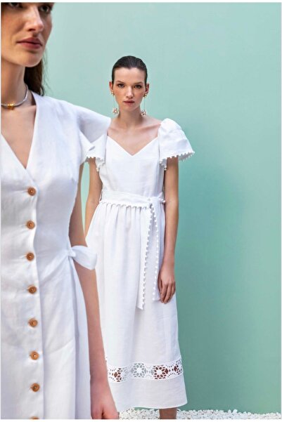 KAMEYA Fisto Detaylı Midi Boy Beyaz Keten Elbise