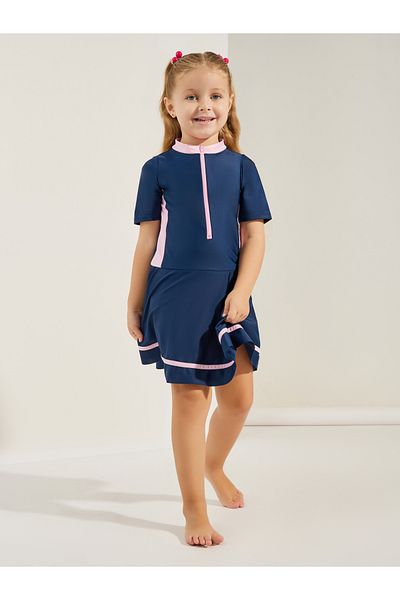 Styli Contrast Trim High Neck Skirted Swimsuit