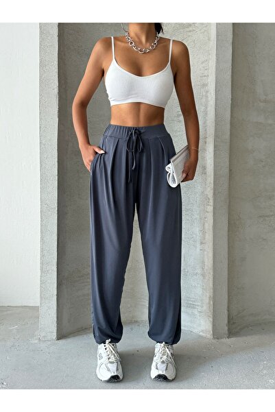 BEJNA Anthracite Women's Modal Pleated Shalwar Trousers - Relaxed Fit