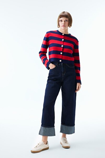 DeFacto Crew Neck Striped Pique Cardigan - Regular Fit A4881ax23wn