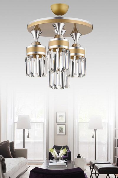 SONSUZ AYDINLATMA&AVİZE Tokyo 4-Piece Antique Plafonier Crystal Stone Chrome Striped Cylinder Downward Facing Luxury Chandelier