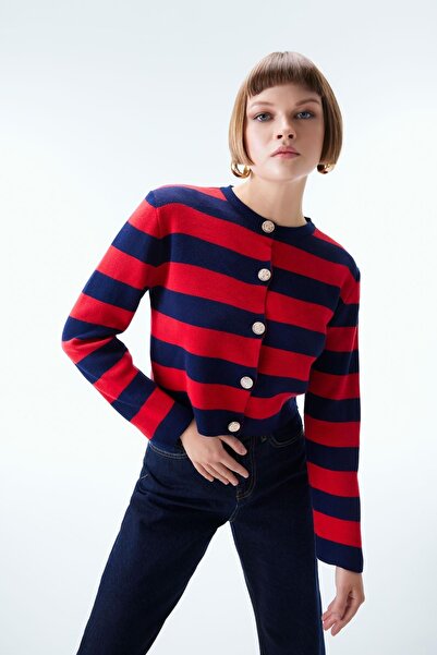 DeFacto Crew Neck Striped Pique Cardigan - Regular Fit A4881ax23wn