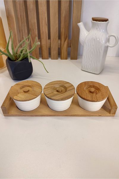 Mobawood 3-Piece Ceramic Breakfast Set - Wooden Handle and Stand