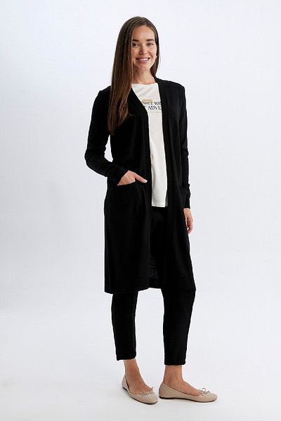 DeFacto V-Neck Long Black Knitwear Cardigan - Regular Fit, Plain Pocket G5685Az24Au