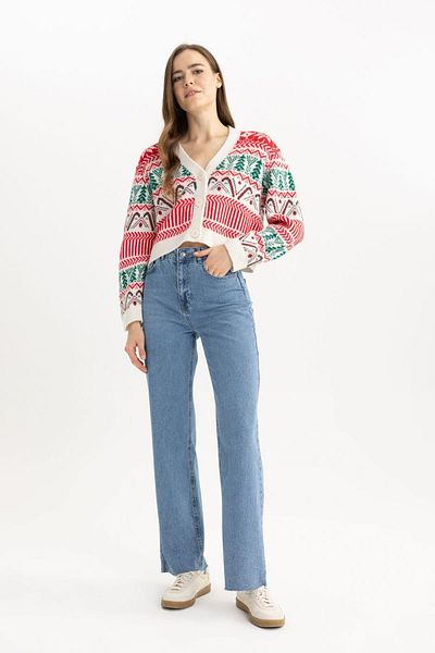 DeFacto Strickjacke mit V-Ausschnitt und Knopfleiste mit Neujahrsmotiv A5433ax23cw