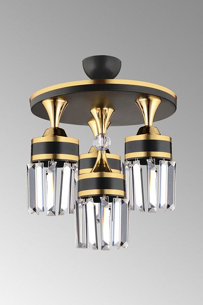 SONSUZ AYDINLATMA&AVİZE Tokyo 4-Piece Black Plafone, Crystal Stone, Yellow Stripe, Cylinder Downward Facing Luxury Chandelier