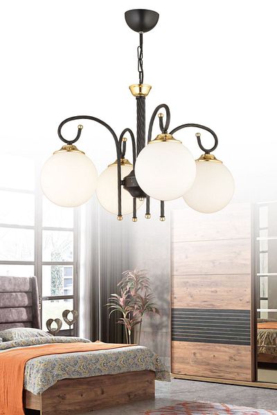 SONSUZ AYDINLATMA&AVİZE Black Azra 4-Piece White Globe Glass Downward Facing Luxury Chandelier