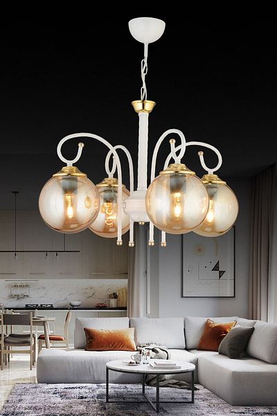 SONSUZ AYDINLATMA&AVİZE White Azra 4-Piece Honey Globe Glass Downward Facing Luxury Chandelier