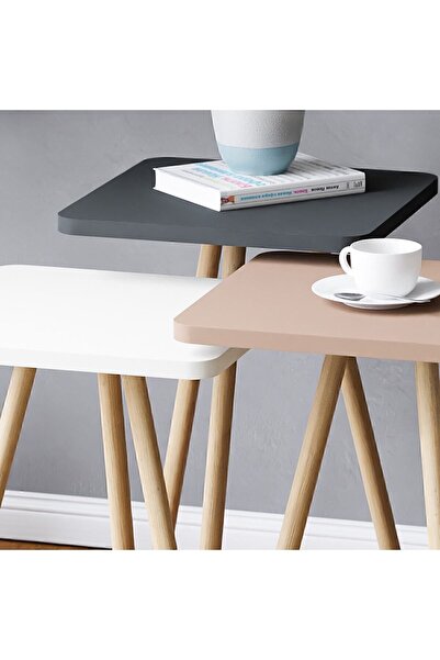 interGO Renkli Üçlü Zigon Sehpa Ahşap Ayaklı Kare Pastel Tasarım Gri Beyaz Cappuccino