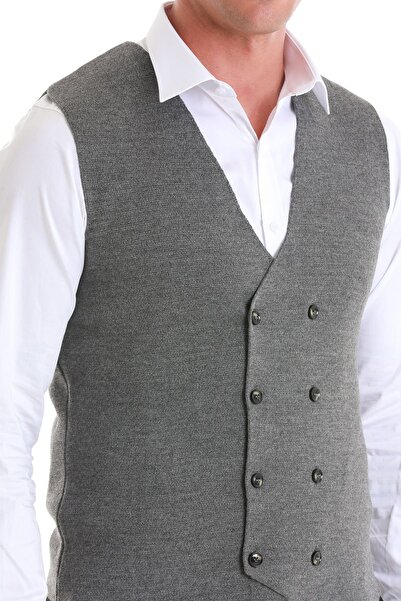 Hatemoğlu Gri Regular Fit Düz Kruvaze Triko Yelek