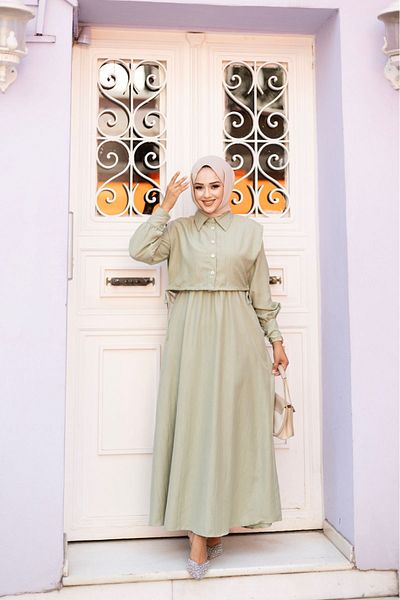 Tesettür Diyarı Water Green Lizza Υφασμάτινο Διπλό Φόρεμα Hijab - Λεπτομέρεια Cepken, Ύψος: 135cm