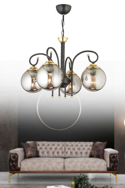 SONSUZ AYDINLATMA&AVİZE Black Azra 4-Piece Smoked Globe Glass Downward Facing Luxury Chandelier