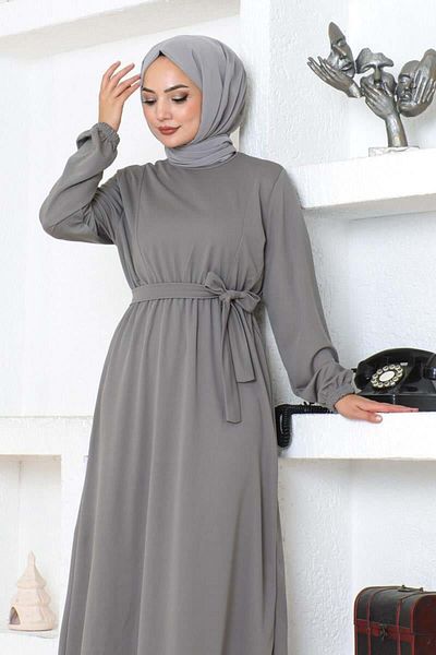 MG Gray Hijab Dress - Belt Detailed