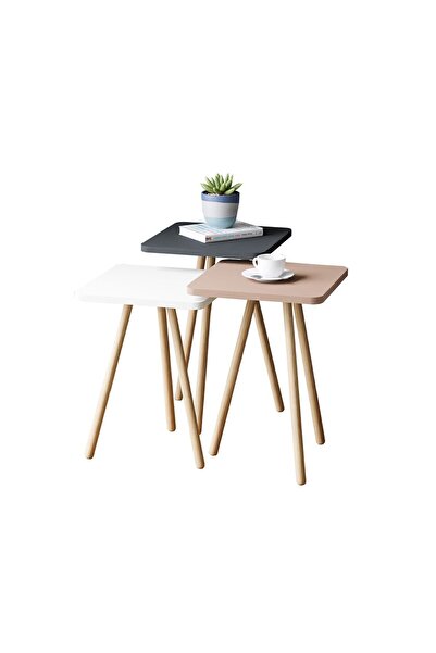 interGO Renkli Üçlü Zigon Sehpa Ahşap Ayaklı Kare Pastel Tasarım Gri Beyaz Cappuccino