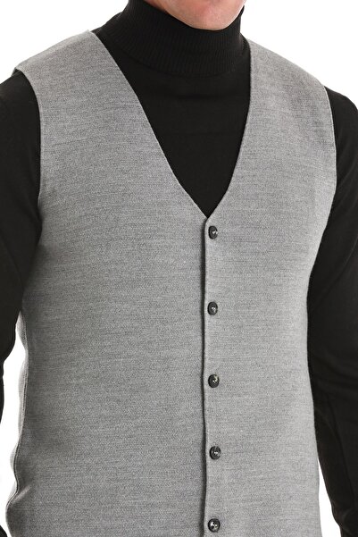 Hatemoğlu Gri Regular Fit Düz V Yaka Triko Yelek