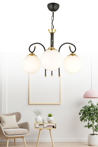 SONSUZ AYDINLATMA&AVİZE Black Azra 3-Piece White Globe Glass Downward Facing Luxury Chandelier