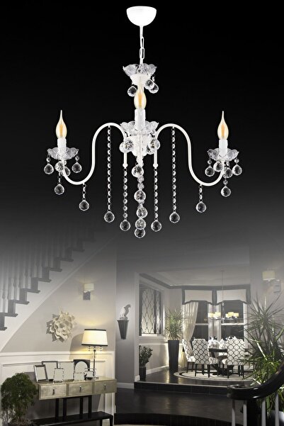 Genel Markalar Palmiye 3'lü Beyaz Kristal Taşlı Yukarı Bakan Lüks Avize