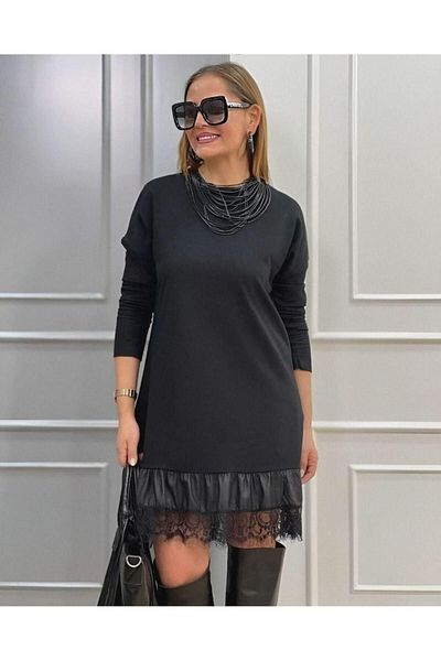 rengamoda Rochie de damă, cu decolteu, din tul și piele, din țesătură cu două fire