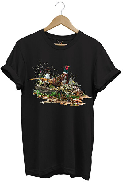 WİDİ Tricou negru cu gât inel de vânătoare Baiki Baiki Păun Nature Tree Print...