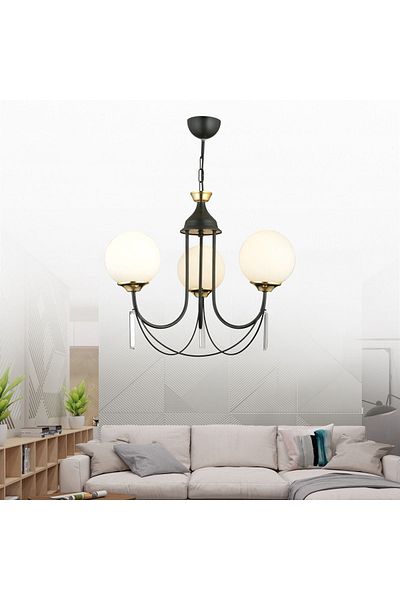 SONSUZ AYDINLATMA&AVİZE Black Poppy 3-Piece White Ball Glass Luxury Up-Facing Crystal Stone Chandelier