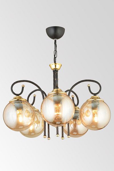 SONSUZ AYDINLATMA&AVİZE Black Azra 5-Piece Honey Globe Glass Downward Facing Luxury Chandelier