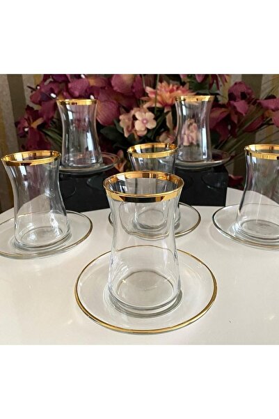 Paşabahçe 12 Parça Heybeli Gerçek Gold Yaldızlı Çay Bardağı Seti